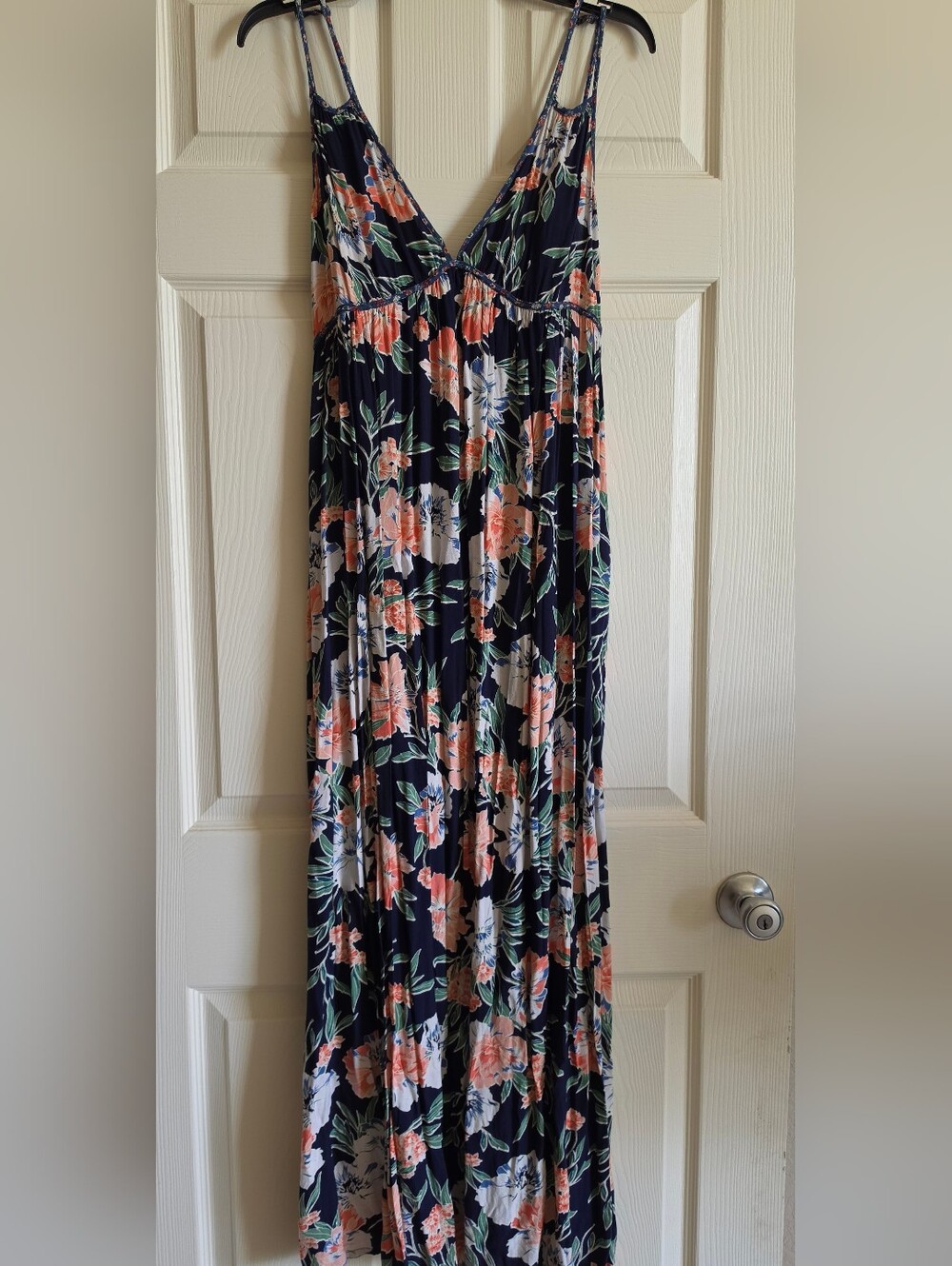Band of Gypsies Navy Maxi  with Coral & White Floral Print and Green Leaves L